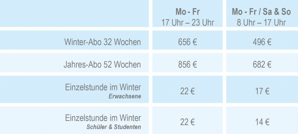 Tabelle mit Preisstaffelung für Hallentennis im Winter